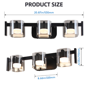 Modern Black LED Wall Lamp 3-<b>Light</b> Cylindrical Glass Shade Aluminum Body 20.87in Bathroom <b>Vanity</b> <b>Light</b> Warm White 3500K - Product Image 4