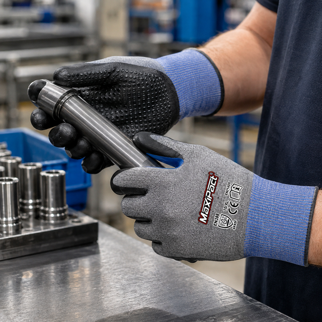 MaxiPact 13 Gauge Cut Level F HPPE Liner Foam Nitrile Doted Palm Coated CE Certified ANSI/ISEA 8 Work Gloves Metal Handling