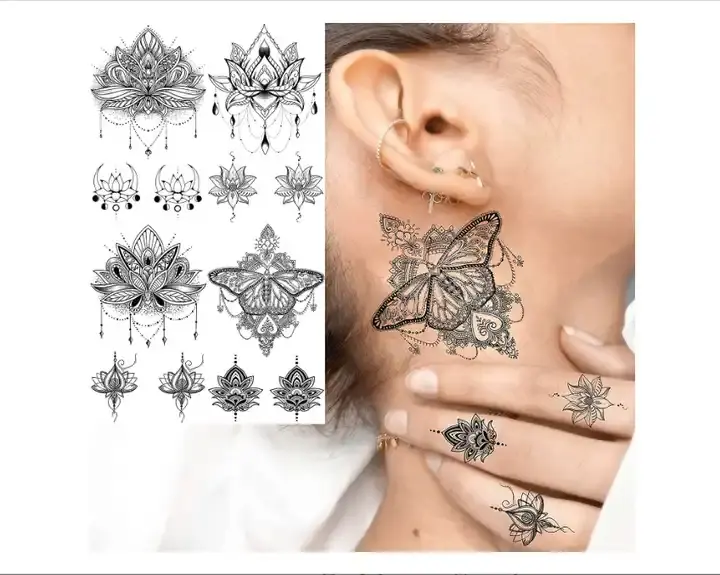 Pegatina de mano para el cuerpo de aluminio, pegatinas de tatuaje temporal metálicas personalizadas, diseños de tatuaje temporal de flores con estampado Oem dorado, 1 hoja