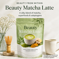 Latte de petit-déjeuner beauté |   Matcha, Collagène, Gingembre, Curcuma & Champignons adaptogènes |   Rituel quotidien antioxydant de luxe