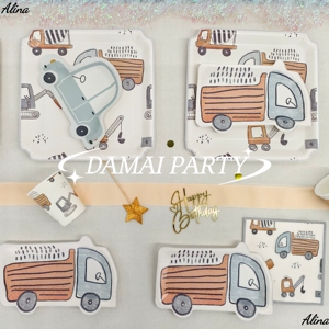 Fournitures de fête d'anniversaire pour enfants DAMAI Construction, vaisselle jetable orange pour garçons, gobelets en papier, serviettes, assiettes - Product Image 6