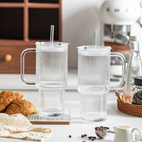 Gobelet en verre transparent réutilisable de 24 oz avec poignée, en verre borosilicate haute résistance sans plomb, épais, isolant thermiquement, à nervures antidérapantes