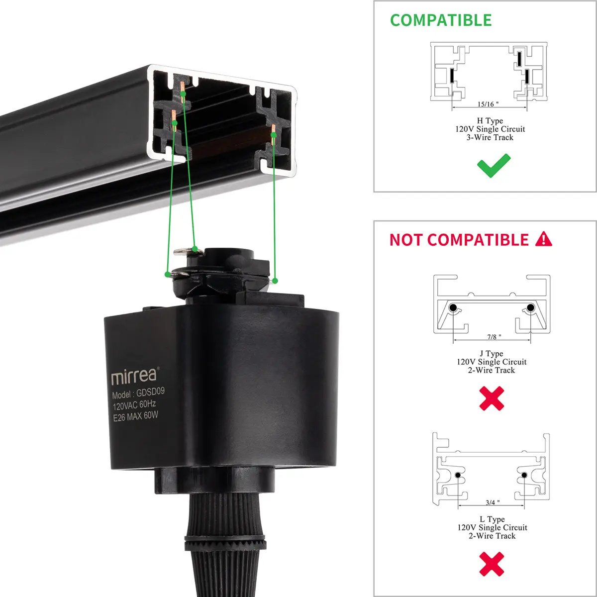 H Type Zwart Met E26 Stopcontact Snoer Verstelbare Spoorverlichting Hanger (4 Voet)