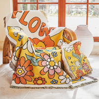 Couverture de canapé en jacquard poly-coton tissé, motif floral de dessin animé vibrant, avec sac fourre-tout assorti et tapis de pique-nique à franges – Vente en gros