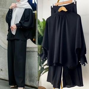 Set Pakaian Loungewear Sederhana Gaya Baru Set Pakaian Wanita Muslimah 2 Potong Celana Kaftan Pesta Ramadan Turki Dubai - Product Image 6