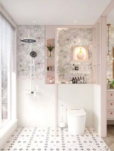 Meuble-lavabo simple de style shabby chic français, élégant et romantique, avec miroir à bord doré, série rose - Product Image 6