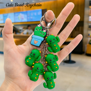Green Cactus Theme Wholesale 3D Mini Green Cactus Bead Keychains Bulk Rubber Charms Decor Llavero Gift up Keychain Holder