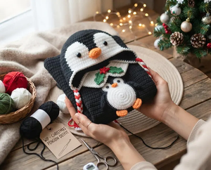 Ensemble barboteuse bébé pingouin au crochet fait main à manches longues avec bonnet, tenue de Noël pour tout-petit - Product Image 3