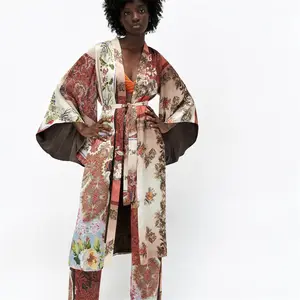 Fashionable Street trendsetter, European and American style women's kimono style top wide leg pants patchwork printed suit