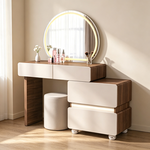 Coiffeuse minimaliste moderne avec miroir ovale éclairé et tiroirs de rangement, table de maquillage pour chambre à coucher avec tabouret - Product Image 2