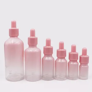 Bouteille de sérum en verre d'huile essentielle avec couvercles compte-gouttes roses 1oz en forme de rond dégradé rose 5ml 10ml 15ml 20ml 30ml 50ml 100ml