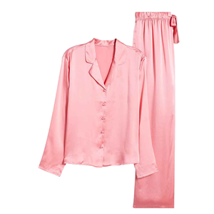 Ensemble de pyjama deux pièces confortable en satin uni pour femme, personnalisable, col en V, fermeture à cordon, manches longues, devant - Product Image 1