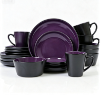Service de table en céramique classique, 16 pièces, noir à l'extérieur, violet à l'intérieur, assiettes, bols, tasses - Passe au lave-vaisselle, pour un usage domestique