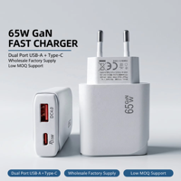 Chargeur de téléphone rapide 65W GaN, prise EU, double USB-A Type-C PD3.0 QC4.0, chargeur mural rapide portable pour ordinateur portable et téléphone