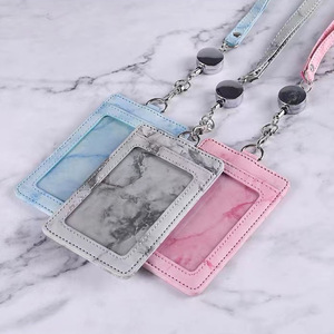 Solid ID PU Strap Dyed PU Hanging Rope And Capsule With <b>Elastic</b> Pull Tab Marble Style Multiple Card Slots For ID Card Holder - Product Image 1