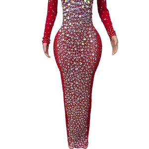 Abito da ballo di cristallo a maniche lunghe di lusso rosso che le donne indossano abito lungo da ballo Plus Size signore Sexy diamanti abiti da sera da sera - Product Image 6