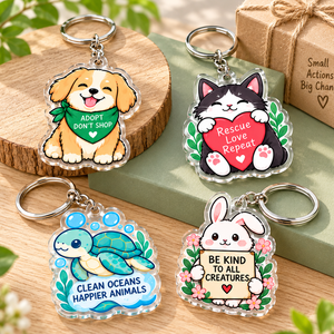 Porte-clés en acrylique mignons à motifs animaux de dessins animés, messages éco-responsables : Adoptez, Nez achetez pas, Sauvez, Aimez, Répétez, Forme irrégulière, Légers, Souvenirs - Product Image 1