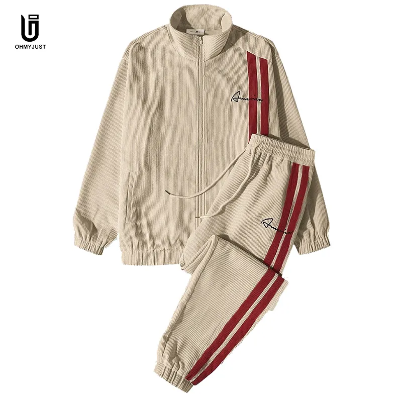 Men Corduroy Striped Sweatsuit Zipper Two Pieces Training Wear Hiking Jogger Sets Men Chain Stitching Embroidery Tracksuits