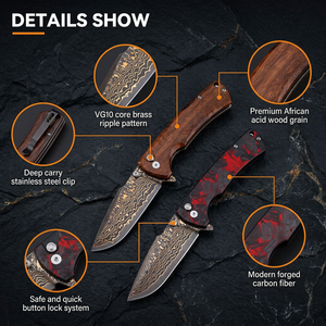 Coltello Pieghevole Originale Damasco VG10, Coltello Tascabile con Manico <span class=keywords><strong>in</strong></span> Fibra di Carbonio, per Campeggio e Caccia all'Aperto DM032 - Product Image 3