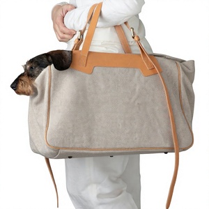 Sac de transport pour chien en toile imperméable de luxe, doublure en coton, poignées en cuir véritable, sangles réglables, fond amovible, portable - Product Image 3