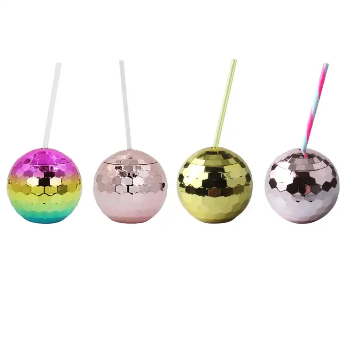 Pink Disco Ball Ball Cup with Straw