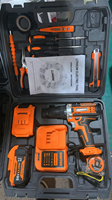 Perceuse à percussion haute performance 21V avec moteur à balais, deux batteries au lithium et kit d'outils manuels complet pour les travaux de bricolage sur site