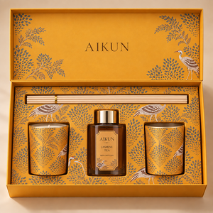 Juego de Regalo de Difusor de Aromas Aikun con 3 Piezas de Vidrio Estampado con Diseño de Té de Jazmín, 2 Velas Aromáticas, Directo de Fábrica, OEM, ODM, para el Hogar - Product Image 2