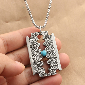 <b>Titanium</b> Steel Razor Blade Pendant With Turquoise Inlay Geometric Design Punk Retro Men's Necklace Everyday Wear - Product Image 4