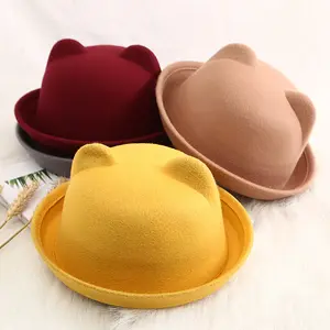 G109032 Children's autumn and winter England curled woolen bowler hat cat ear couple cap kids fedora hat