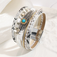 Bracelet enveloppant pour femme de style bohème vintage, de haute qualité, avec pierre naturelle et fermoir magnétique en cuir turquoise