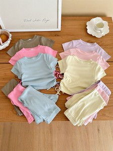Completo Estivo per Bambine 2026, Stile Coreano, Top a Maniche Corte con Coulisse e <span class=keywords><strong>Pantaloni</strong></span> a Zampa, Tinta Unita, Set Due Pezzi Alla Moda - Product Image 2