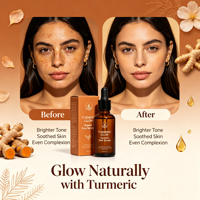 Sérum Visage Vegan Bio au Curcuma et à l'Aloe Vera, Marque Privée OEM, Éclaircissant, Unifiant le Teint, Réduit les Rougeurs, Hydratant