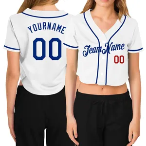 Camiseta de beisebol com botões para mulheres com logotipo personalizado, blusa de manga curta com decote em V e top cropped, camisa de softball com botões