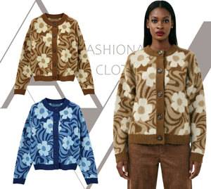 <span class=keywords><strong>Cardigan</strong></span> Lavorato a Maglia con Motivo Floreale Retrò per Donne, Stile Vintage Anni '70, Motivo a Spirale Marrone, Maglione con Bottoni, Morbido Abbigliamento Casual da Donna - Product Image 1