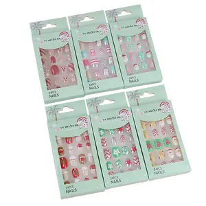 Christmas Press on Nails for Kids Popular 12 Designs Back Glue Convenient Kawaii Press on Nails 24pcs/set