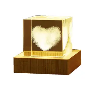 Custom Crystal 3d LED 50MM Engraving Ball Carved Crystals Cube With Lamp Base Wooden Night Light