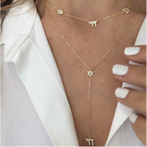 Gold Plated 925 Sterling Silver <b>Link</b> Lariat Necklace Micro Pave 5A CZ Turkish Hamsa Hexagram Star Horse Multi Charms Set Jewelry - Product Image 4