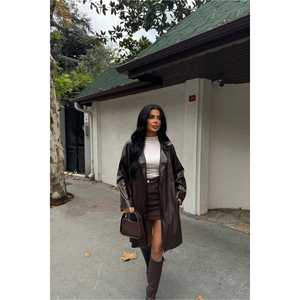 Manteau trench en cuir marron pour femme, doublure en fausse fourrure, rembourrage en coton, imperméable, imprimé, décontracté pour l'automne et l'hiver - Product Image 4