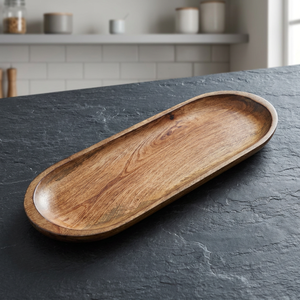 Plateau de service ovale en bois, fait main, poli, design minimaliste, couleur unie, vaisselle et assiettes - Product Image 3