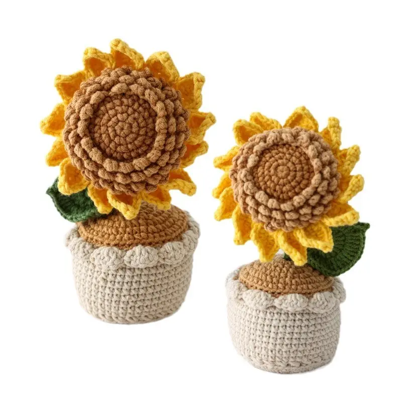 Girassóis de crochê com sementes para presente de festival, tricô à mão, flores artificiais de crochê, produto acabado para decoração de casa, fio DIY