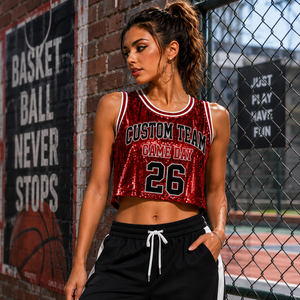 Custom Women's <b>Sequin</b> Basketball Crop <b>Top</b> Jersey Style Cropped Tank Game Day Number Print Cheer Outfit Wholesale - Product Image 2