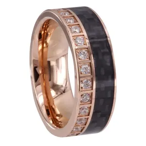 SZ CHENG珠宝商冰立方钻石和黑色碳纤维镶嵌玫瑰金戒指