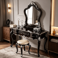 Ensemble coiffeuse baroque européen en bois massif, table de toilette sculptée de luxe avec miroir et tabouret, mobilier de chambre OEM ODM en gros