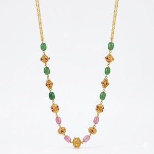 925 Silver Antique Mala <b>Necklace</b> with Green and <b>Pink</b> Beads Traditional Ethnic Long Chain Jewelry for Women - Product Image 1