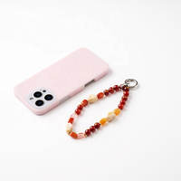 Lanière de téléphone courte avec perles d'agate rouge corail naturel et de jade, sangle porte-clés en perles pour sacs à main et téléphones portables