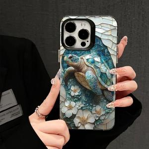 Coque de téléphone en verre teinté avec <span class=keywords><strong>tortue</strong></span> marine et fleurs pour iPhone 16/15/14/13/12 Pro Max, coque antichoc en TPU, esthétique océanique, bohème - Product Image 6