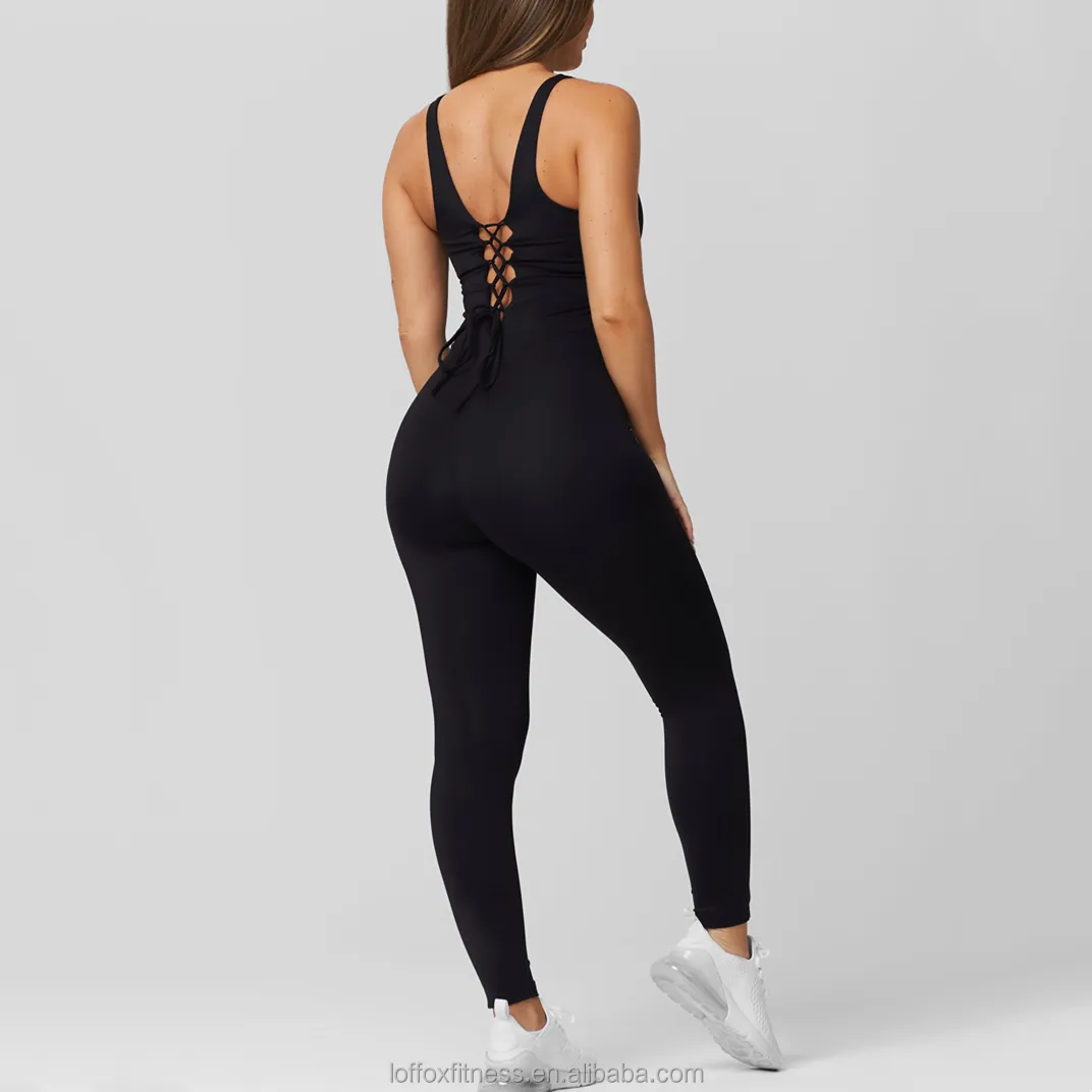 Nieuwe Sexy Y 2K Sport Mouwloos Diep U Vierkante Hals Uitgehold Trekkoord Strappy Workout Vrouwen Eendelig Yoga Jumpsuit