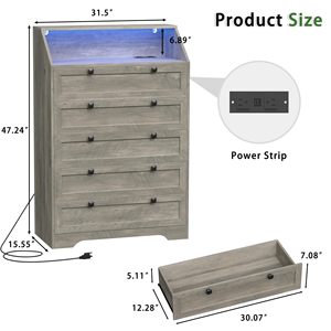 Commode SENYU à 5 tiroirs avec station de charge, design moderne avec colonnes et éclairage LED - Product Image 5