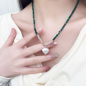 S925 สร้อยคอเงินประดับลูกปัดผู้หญิงมาลาไคต์สีเขียวการออกแบบทางเรขาคณิตสวมใส่ทุกวันเครื่องประดับชั้นดี 925 โซ่เงิน XL1573 - Product Image 3