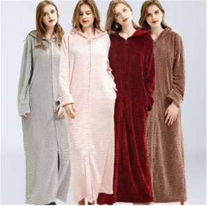 Albornoz de franela largo y cálido para mujer, <span class=keywords><strong>ropa</strong></span> de <span class=keywords><strong>baño</strong></span> con capucha para novia, bata de noche con cremallera para embarazada, invierno, R1561 - Product Image 1